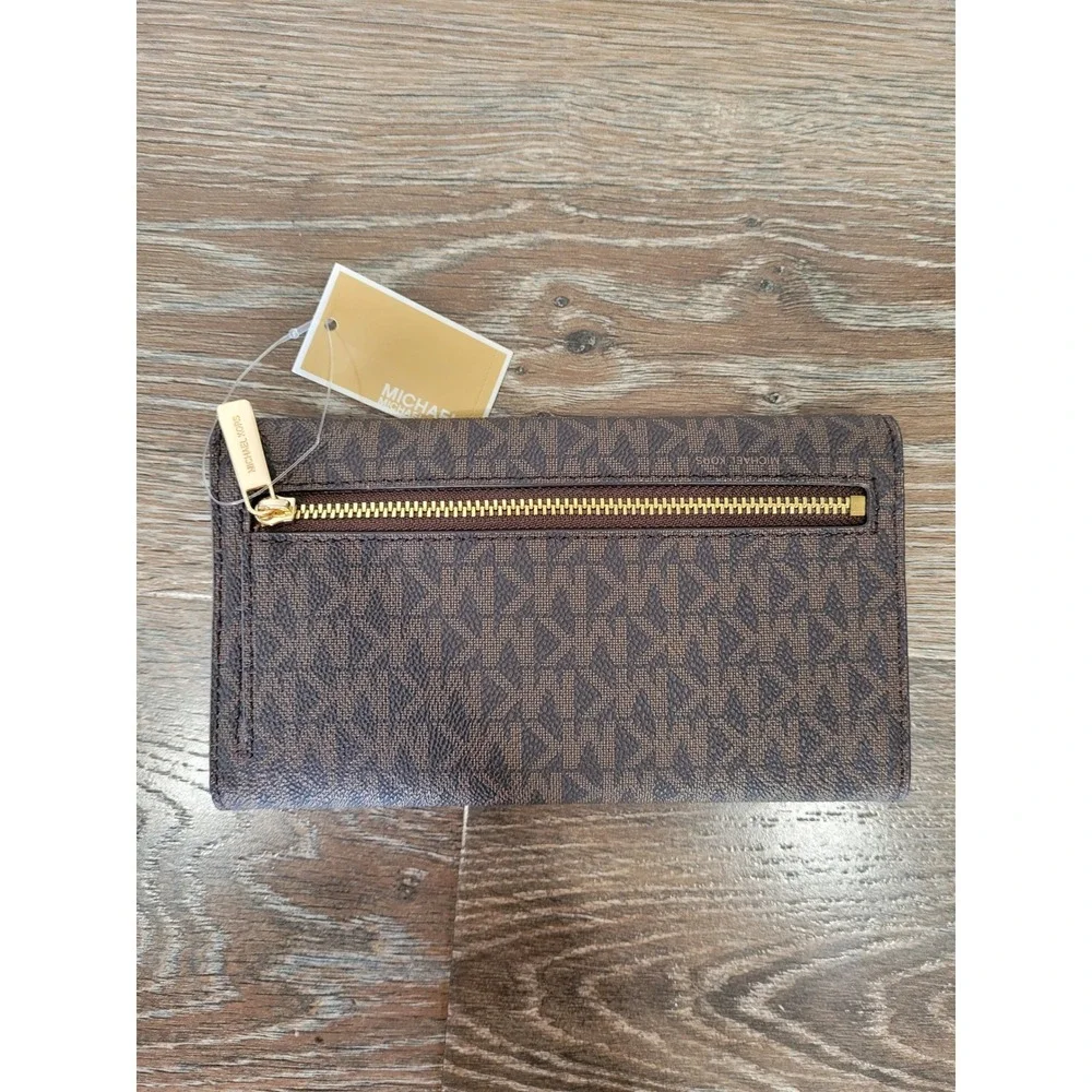 Michael Kors Trifold‎ Jet Set Traveler Wallet Brown Signature Logo Large #7